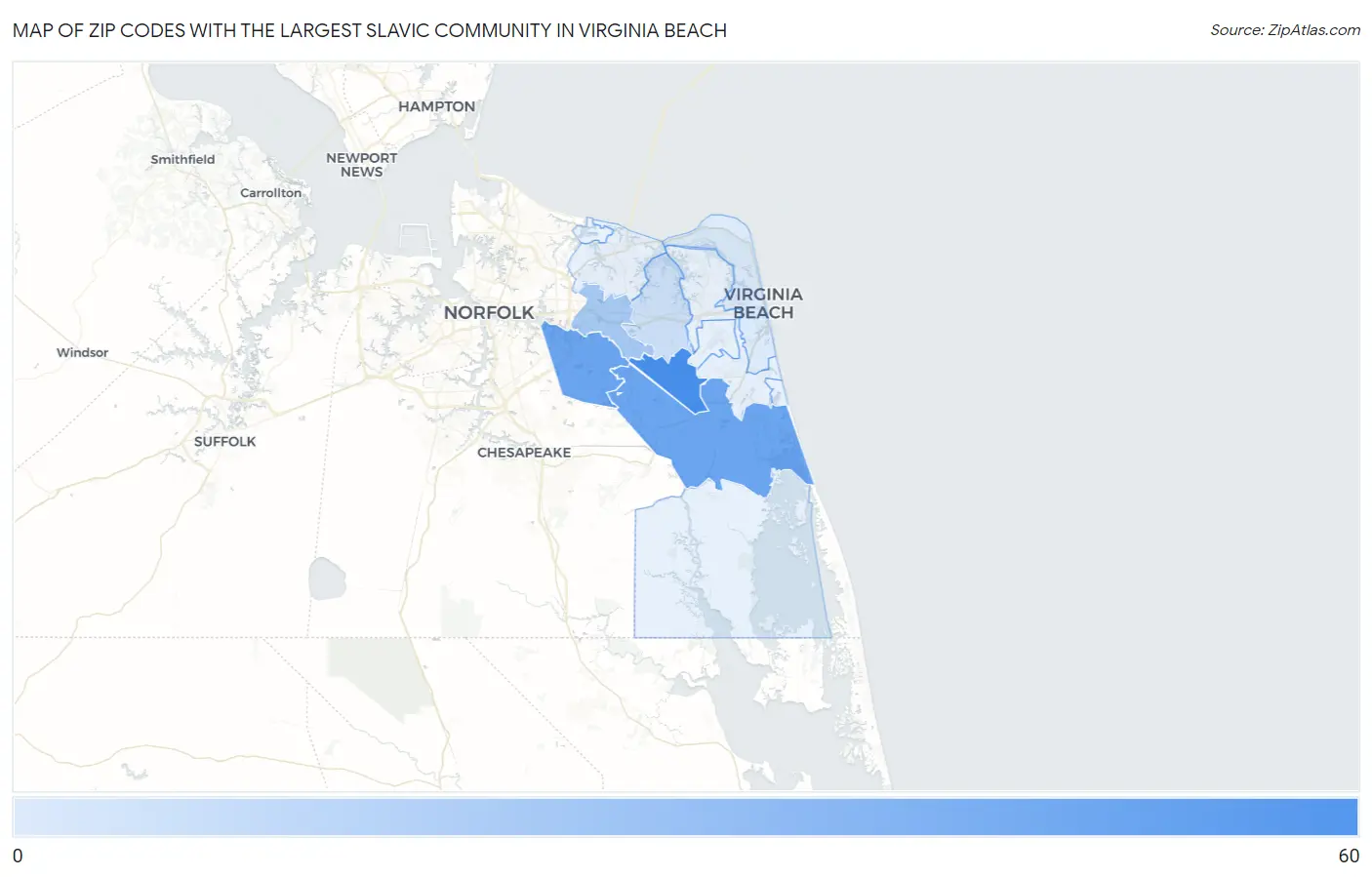 Zip Codes with the Largest Slavic Community in Virginia Beach Map