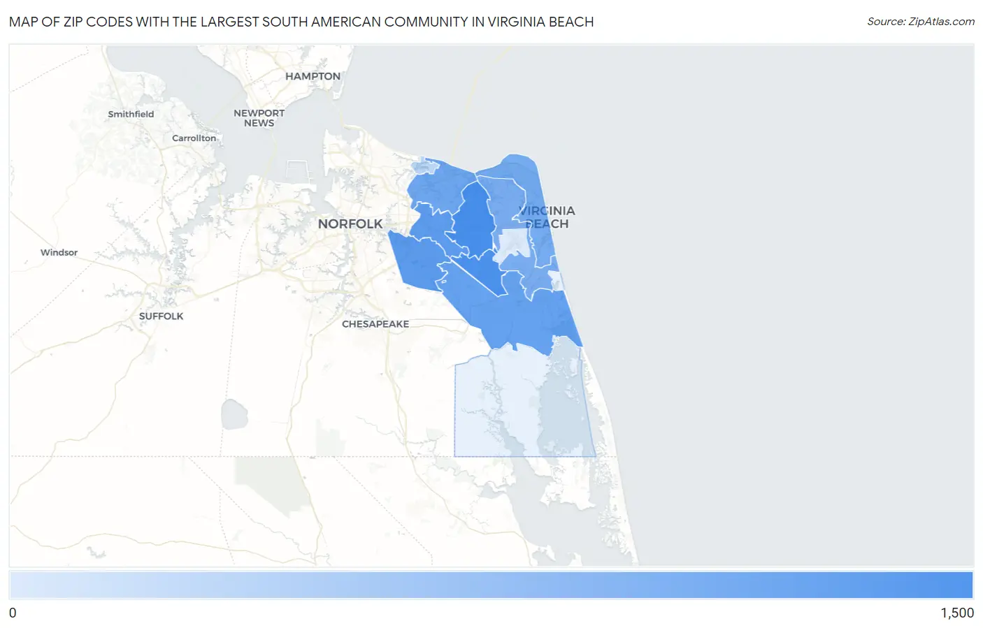 Zip Codes with the Largest South American Community in Virginia Beach Map