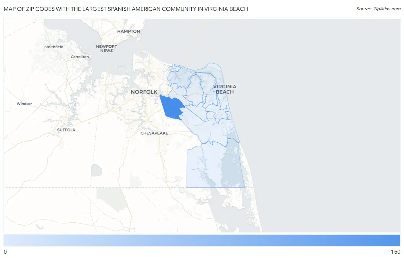 Zip Codes with the Largest Spanish American Community in Virginia Beach Map