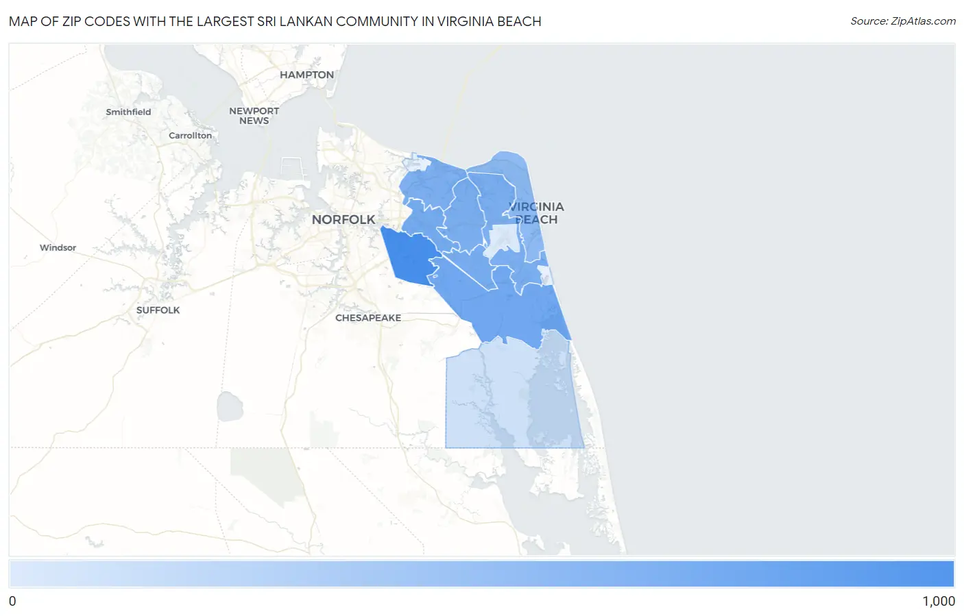 Zip Codes with the Largest Sri Lankan Community in Virginia Beach Map