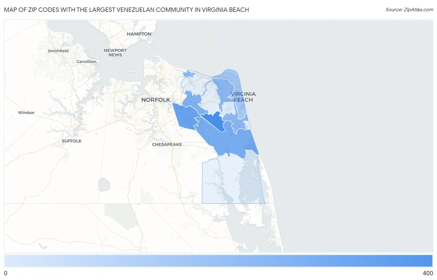 Zip Codes with the Largest Venezuelan Community in Virginia Beach Map