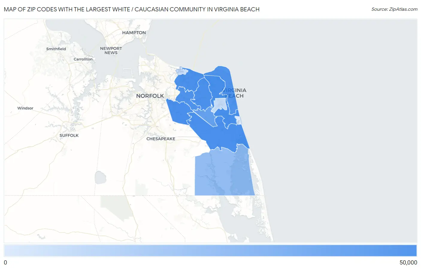 Zip Codes with the Largest White / Caucasian Community in Virginia Beach Map