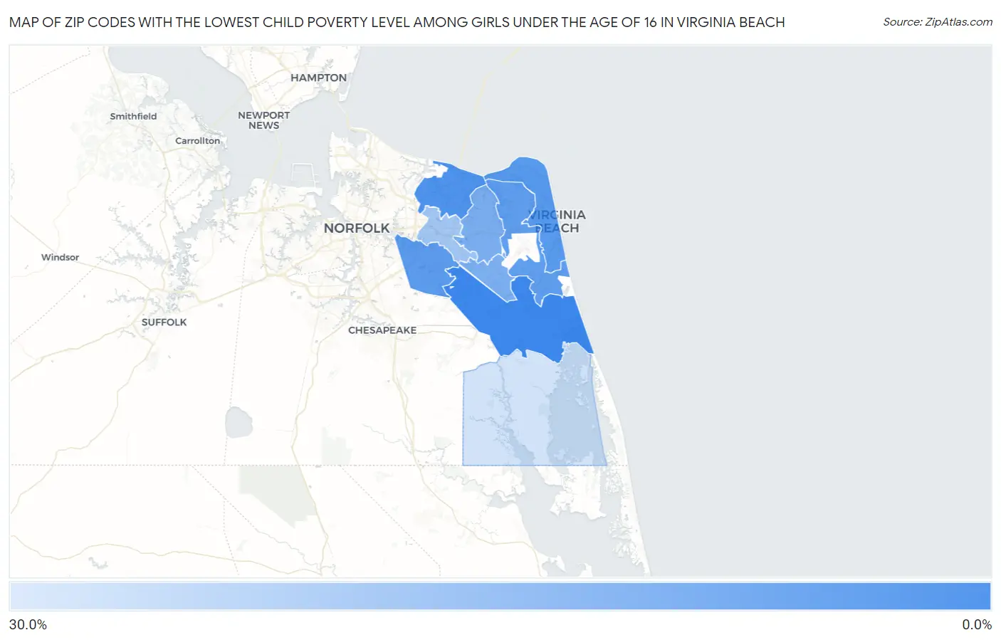 Zip Codes with the Lowest Child Poverty Level Among Girls Under the Age of 16 in Virginia Beach Map