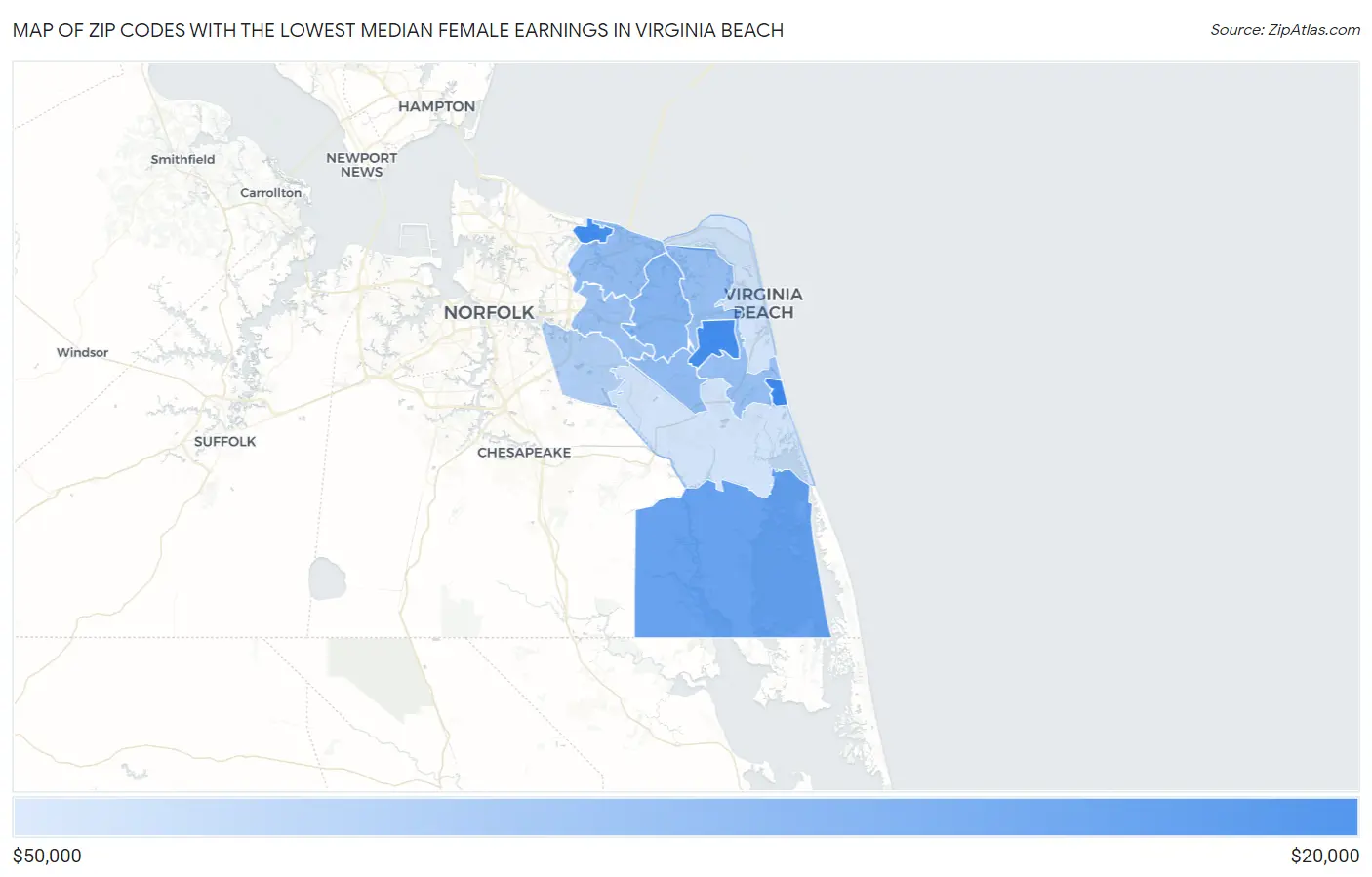 Zip Codes with the Lowest Median Female Earnings in Virginia Beach Map