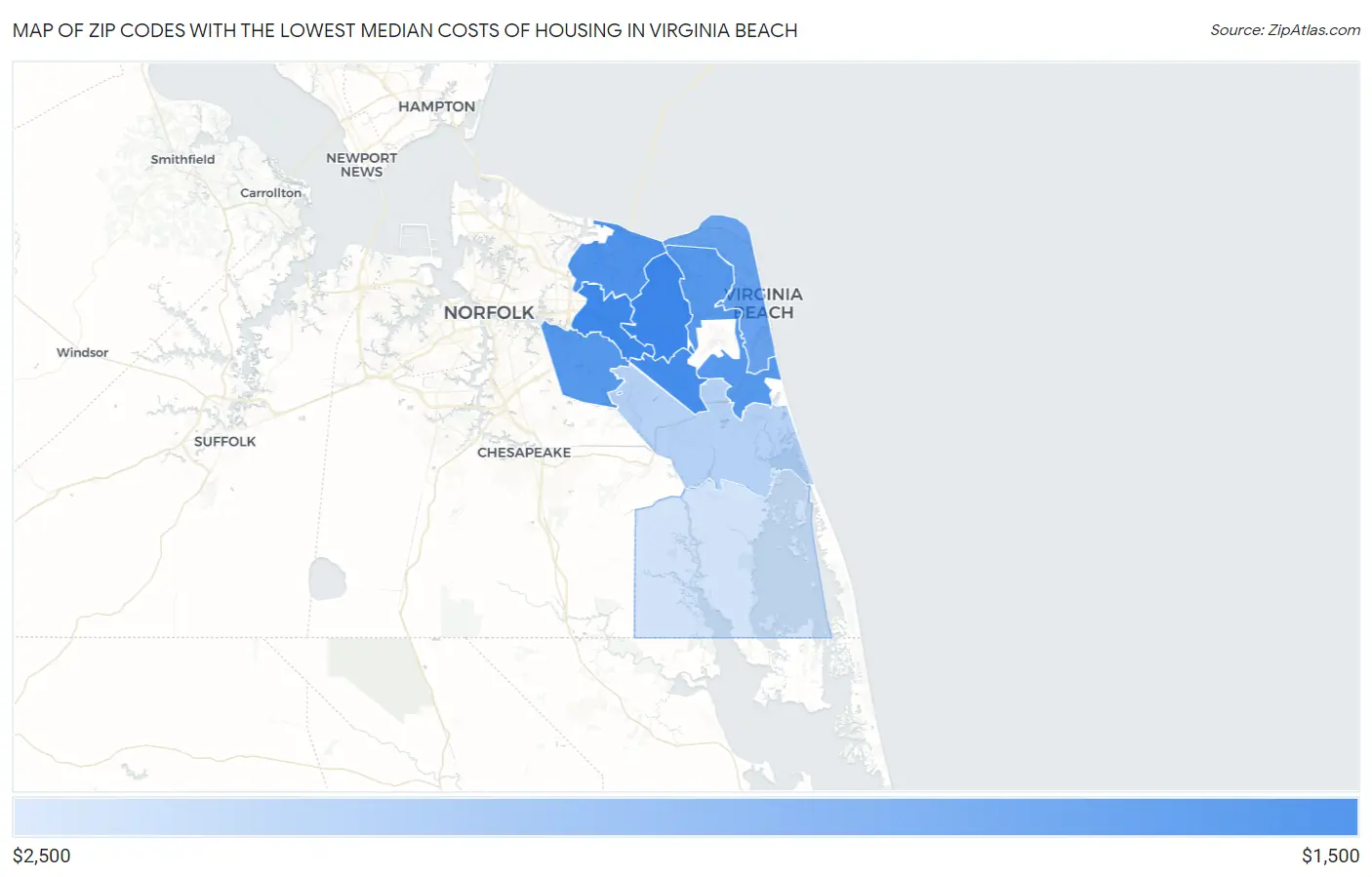 Zip Codes with the Lowest Median Costs of Housing in Virginia Beach Map