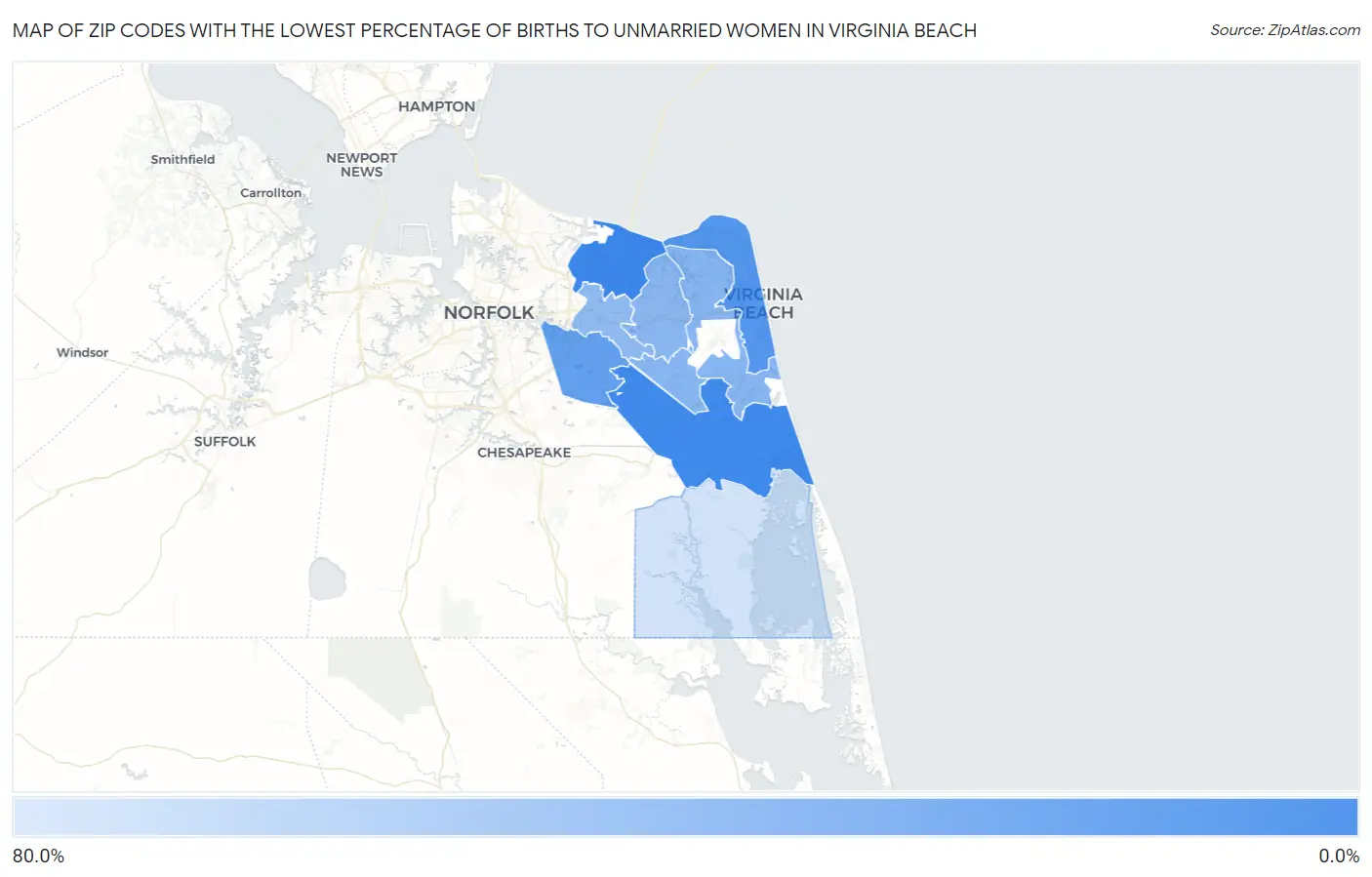 Zip Codes with the Lowest Percentage of Births to Unmarried Women in Virginia Beach Map