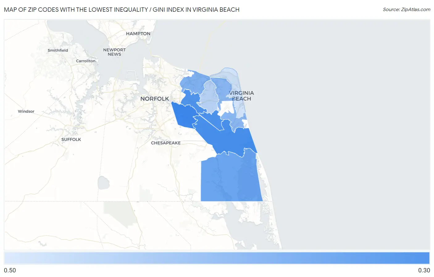 Zip Codes with the Lowest Inequality / Gini Index in Virginia Beach Map
