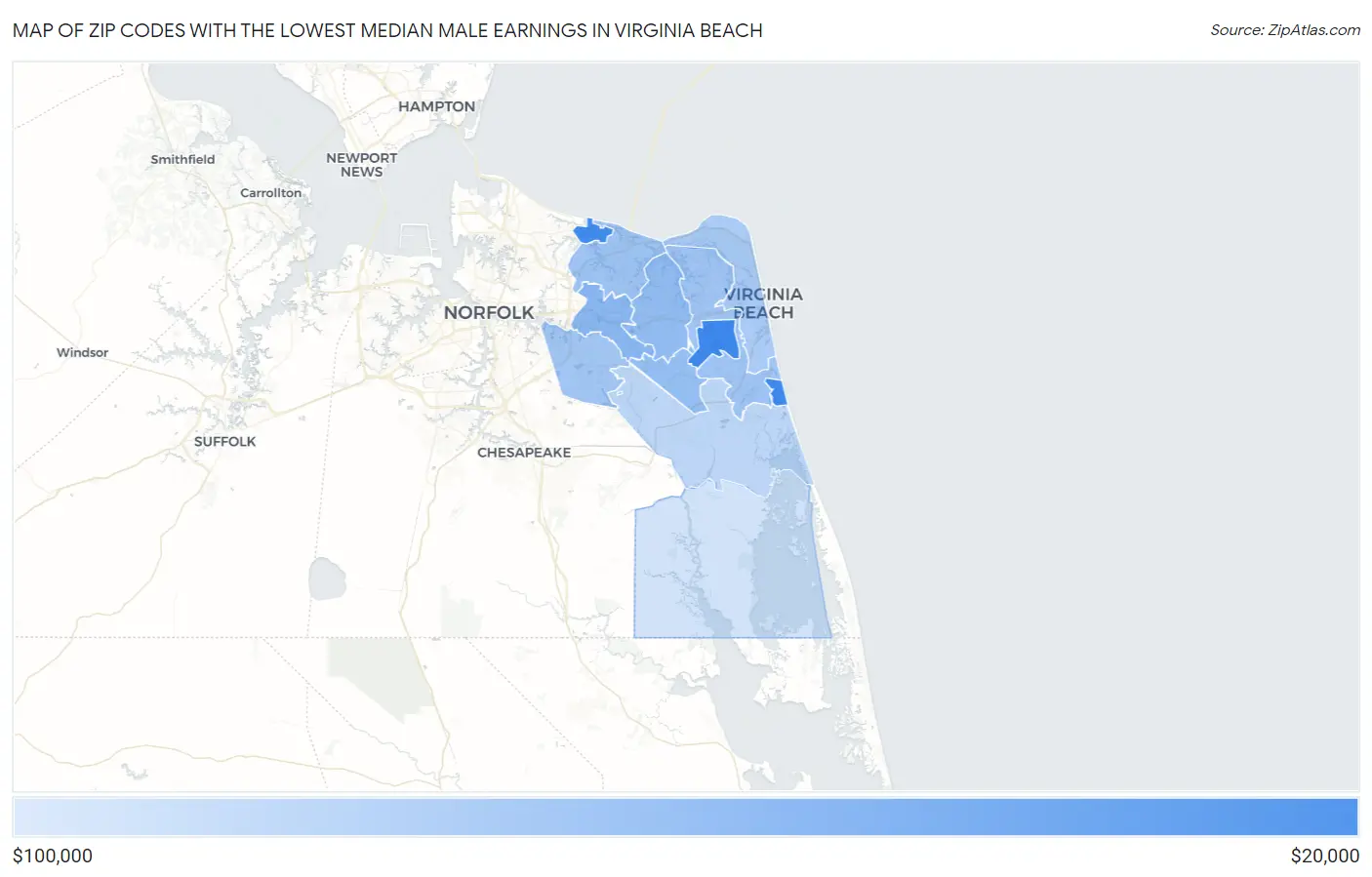 Zip Codes with the Lowest Median Male Earnings in Virginia Beach Map