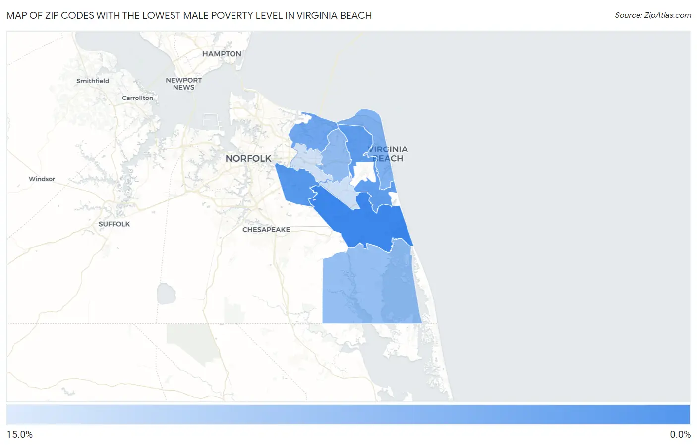 Zip Codes with the Lowest Male Poverty Level in Virginia Beach Map