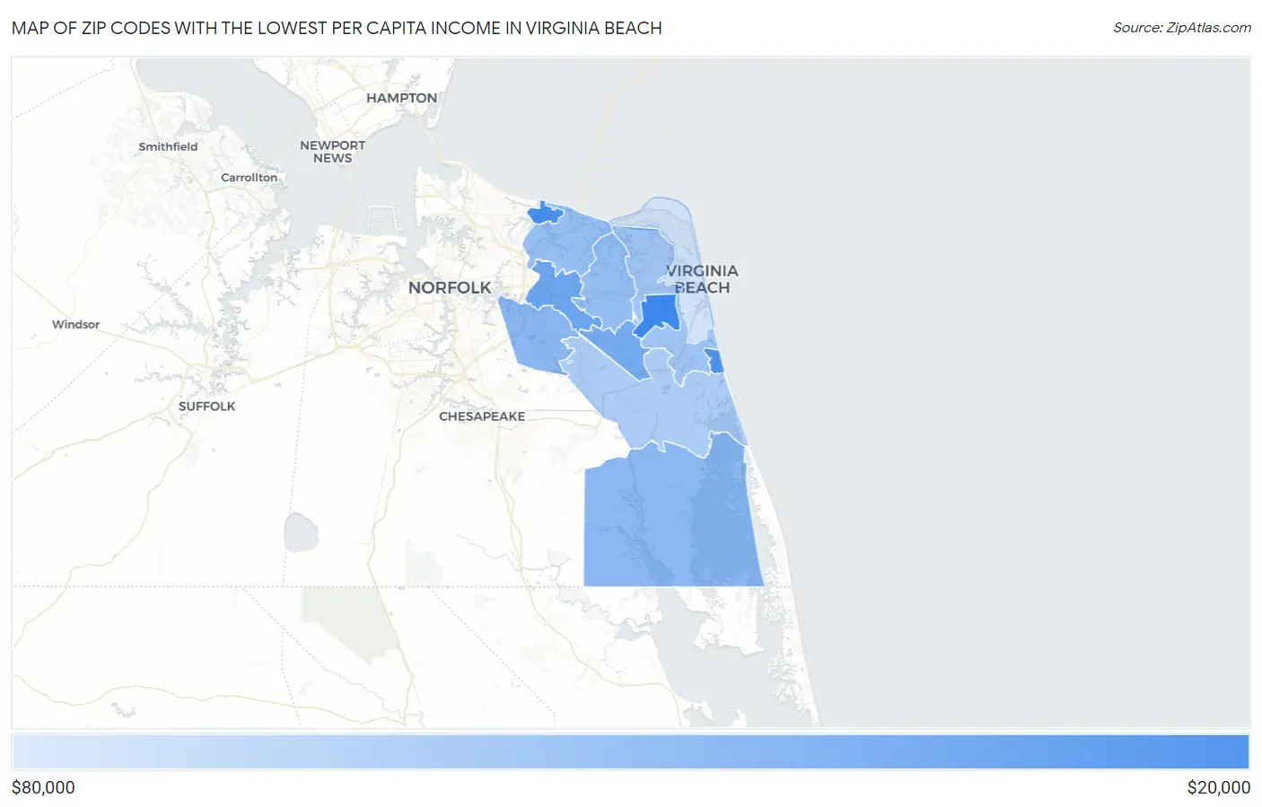 Zip Codes with the Lowest Per Capita Income in Virginia Beach Map