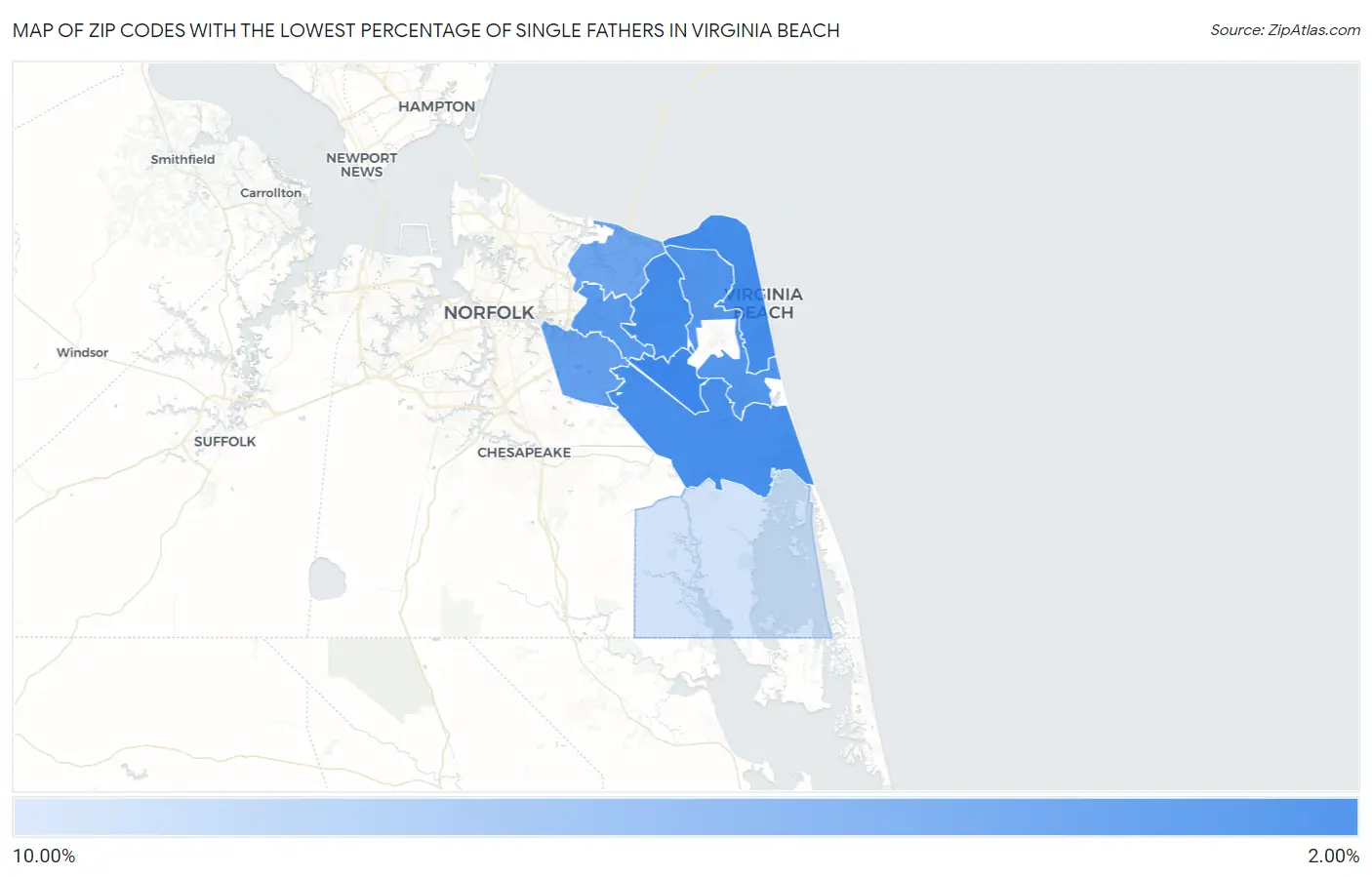 Zip Codes with the Lowest Percentage of Single Fathers in Virginia Beach Map