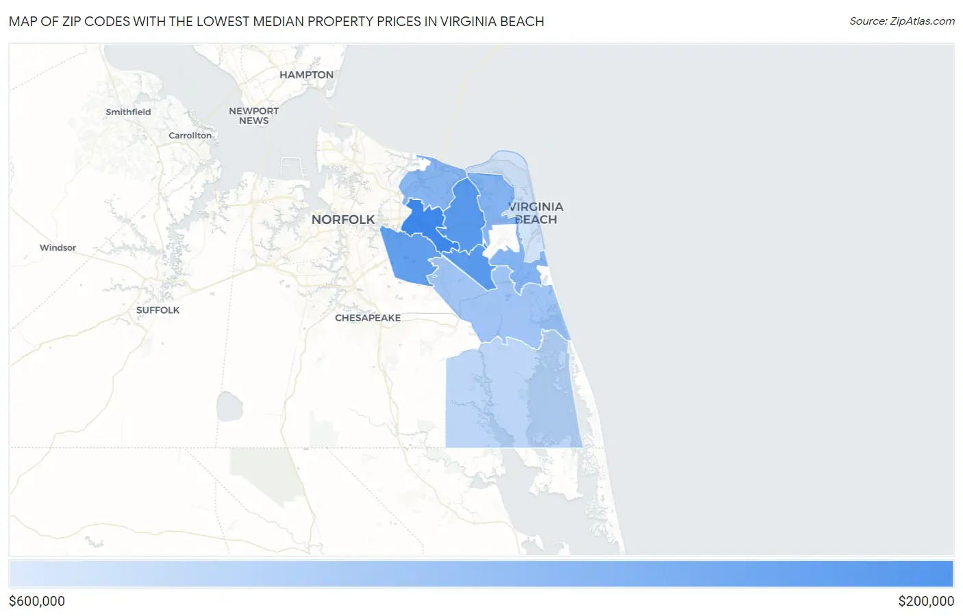 Zip Codes with the Lowest Median Property Prices in Virginia Beach Map