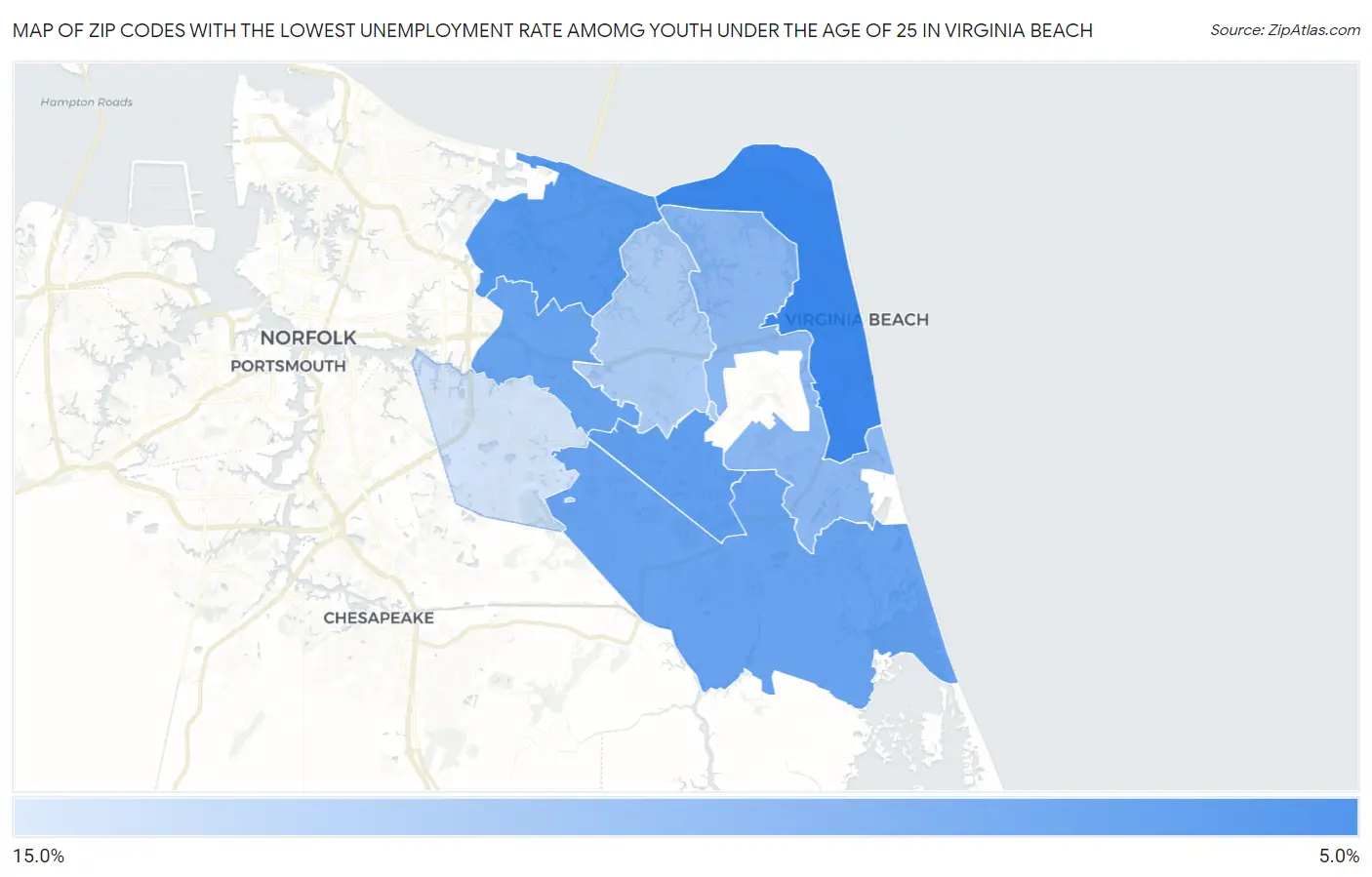 Zip Codes with the Lowest Unemployment Rate Amomg Youth Under the Age of 25 in Virginia Beach Map