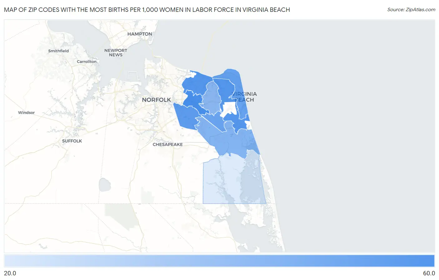 Zip Codes with the Most Births per 1,000 Women in Labor Force in Virginia Beach Map