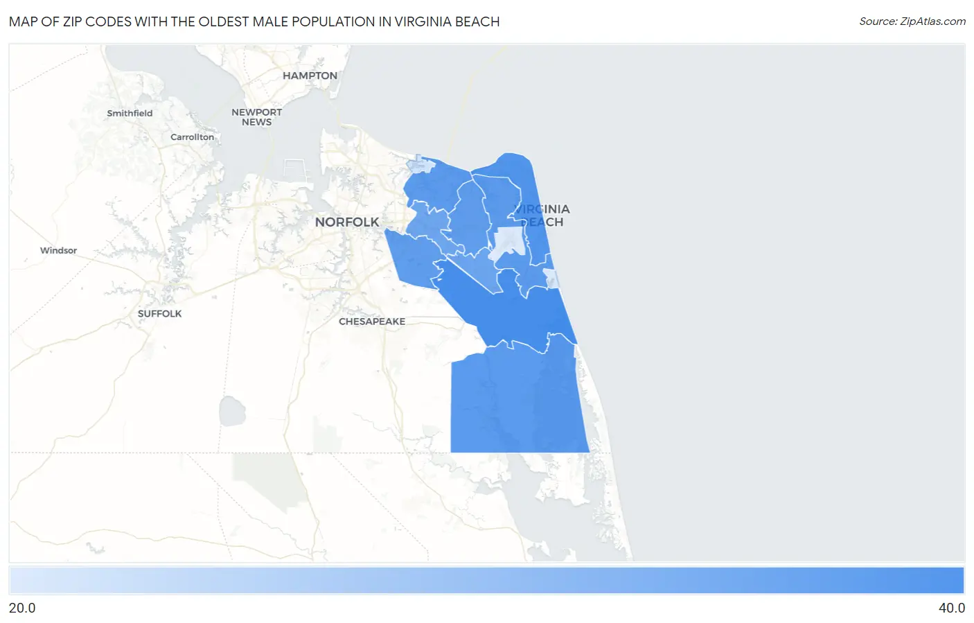 Zip Codes with the Oldest Male Population in Virginia Beach Map