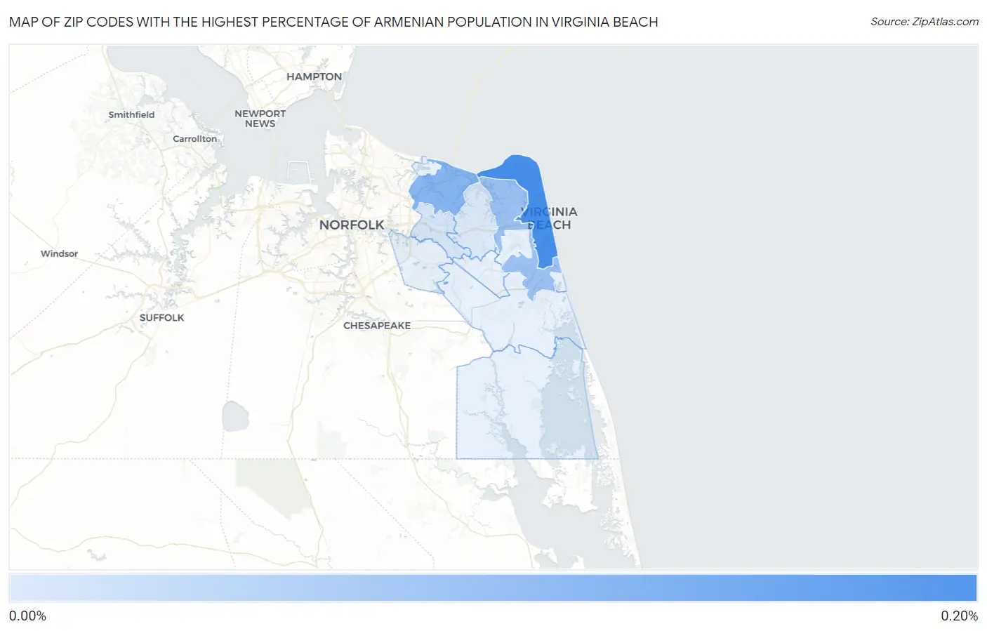 Zip Codes with the Highest Percentage of Armenian Population in Virginia Beach Map