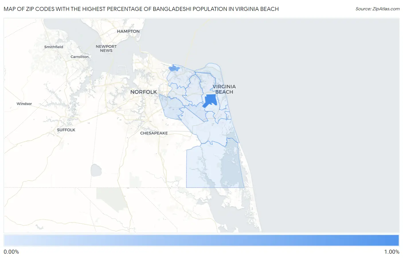 Zip Codes with the Highest Percentage of Bangladeshi Population in Virginia Beach Map