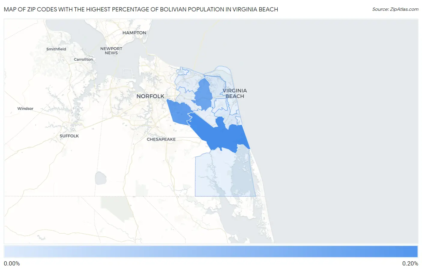Zip Codes with the Highest Percentage of Bolivian Population in Virginia Beach Map