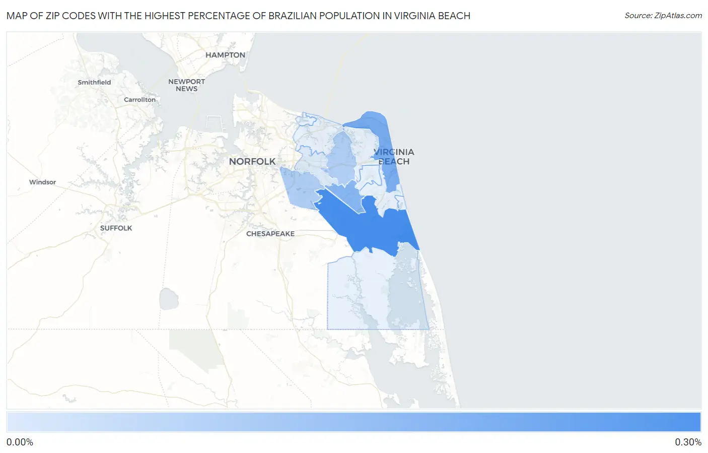 Zip Codes with the Highest Percentage of Brazilian Population in Virginia Beach Map