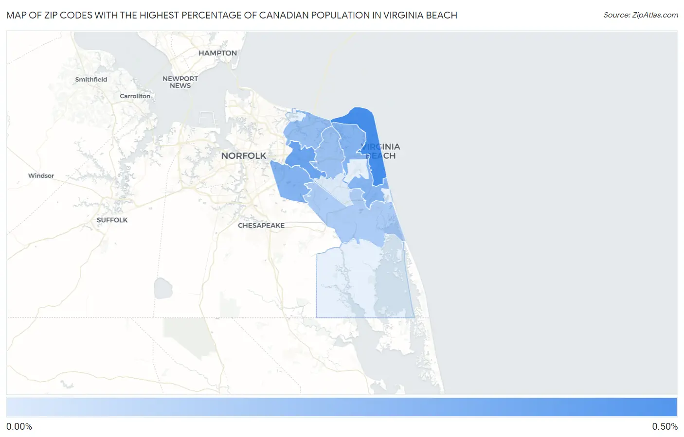 Zip Codes with the Highest Percentage of Canadian Population in Virginia Beach Map