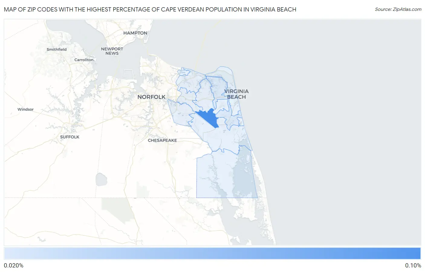 Zip Codes with the Highest Percentage of Cape Verdean Population in Virginia Beach Map