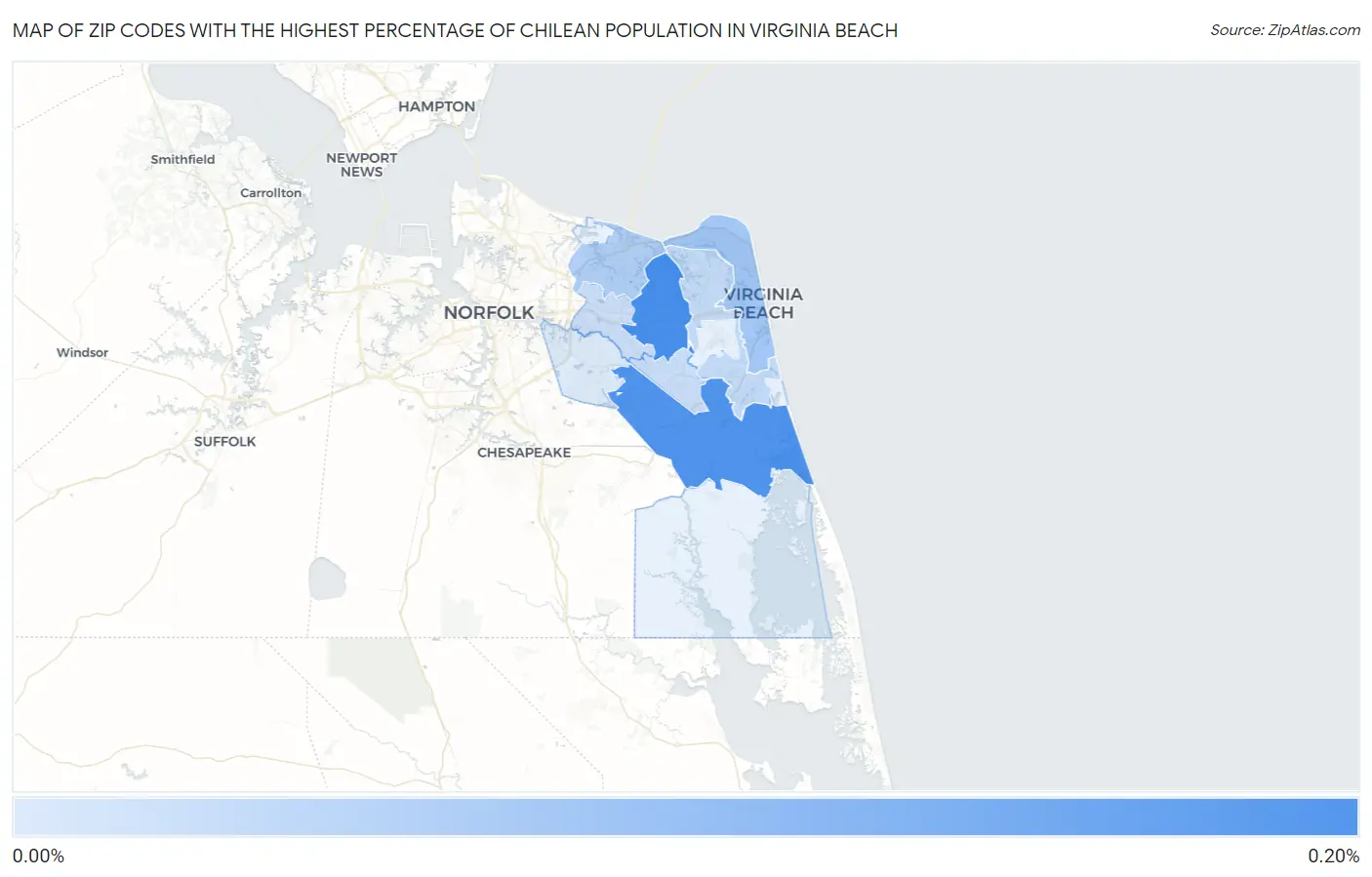 Zip Codes with the Highest Percentage of Chilean Population in Virginia Beach Map