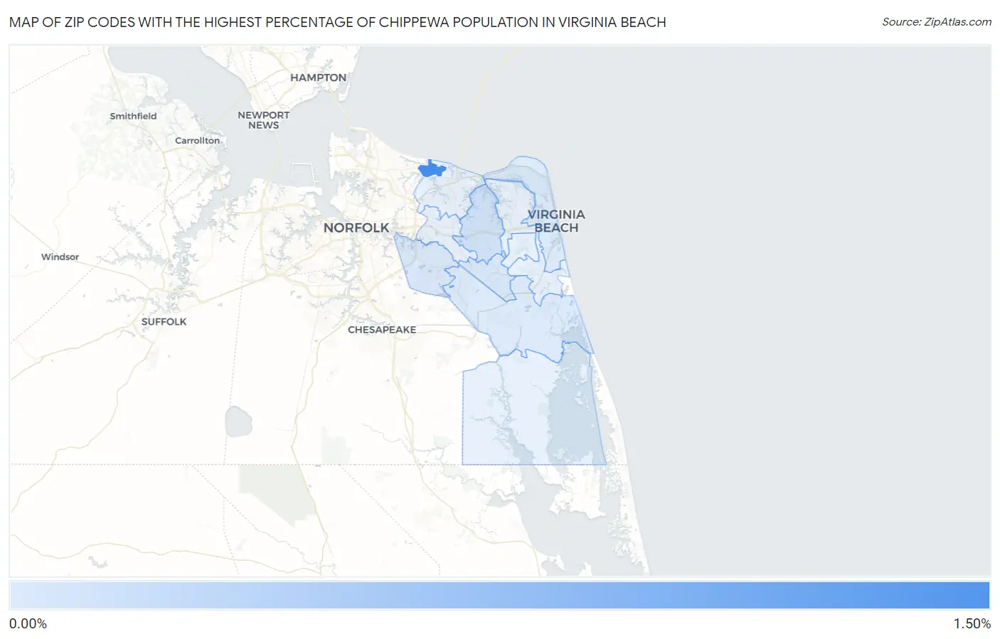Zip Codes with the Highest Percentage of Chippewa Population in Virginia Beach Map