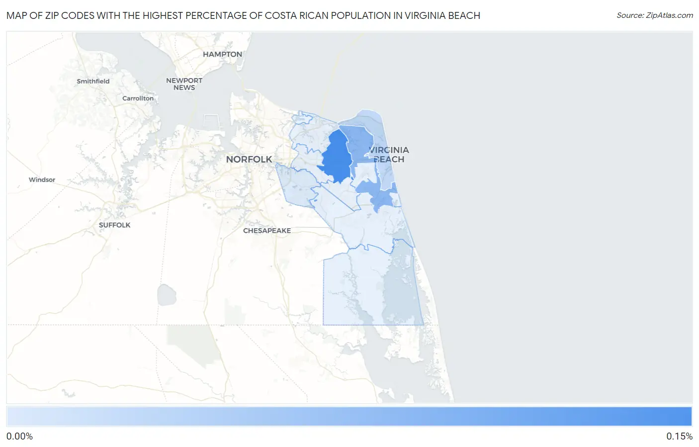 Zip Codes with the Highest Percentage of Costa Rican Population in Virginia Beach Map