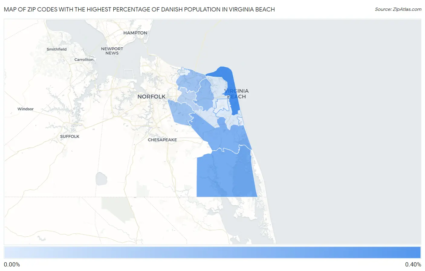 Zip Codes with the Highest Percentage of Danish Population in Virginia Beach Map