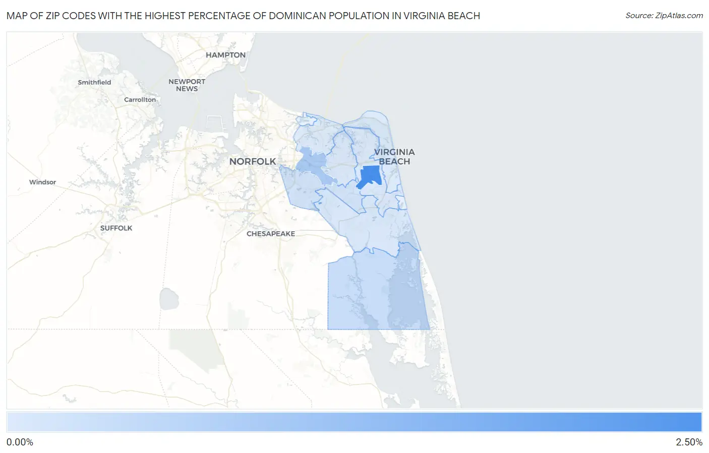 Zip Codes with the Highest Percentage of Dominican Population in Virginia Beach Map