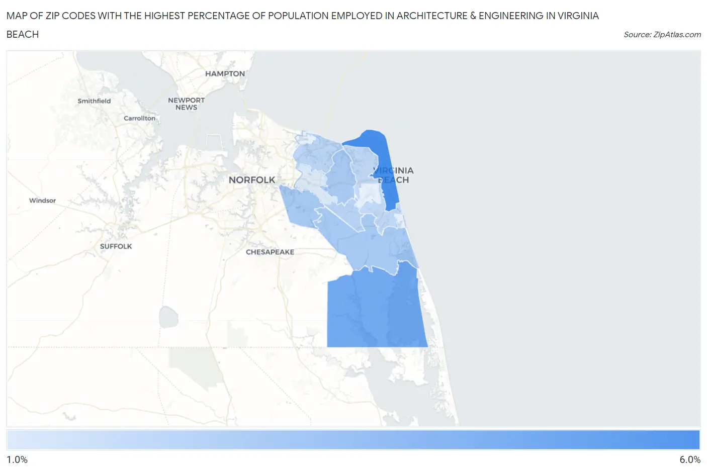 Zip Codes with the Highest Percentage of Population Employed in Architecture & Engineering in Virginia Beach Map
