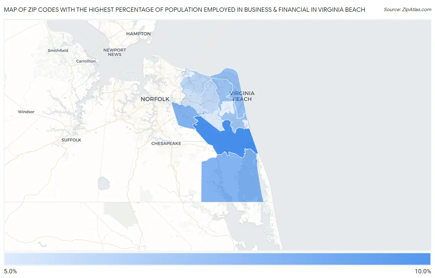 Zip Codes with the Highest Percentage of Population Employed in Business & Financial in Virginia Beach Map