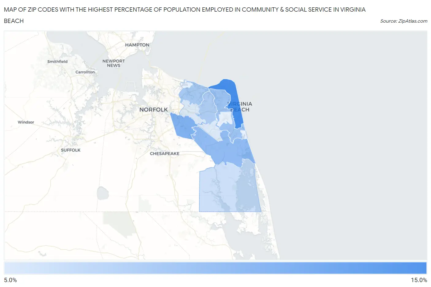 Zip Codes with the Highest Percentage of Population Employed in Community & Social Service  in Virginia Beach Map