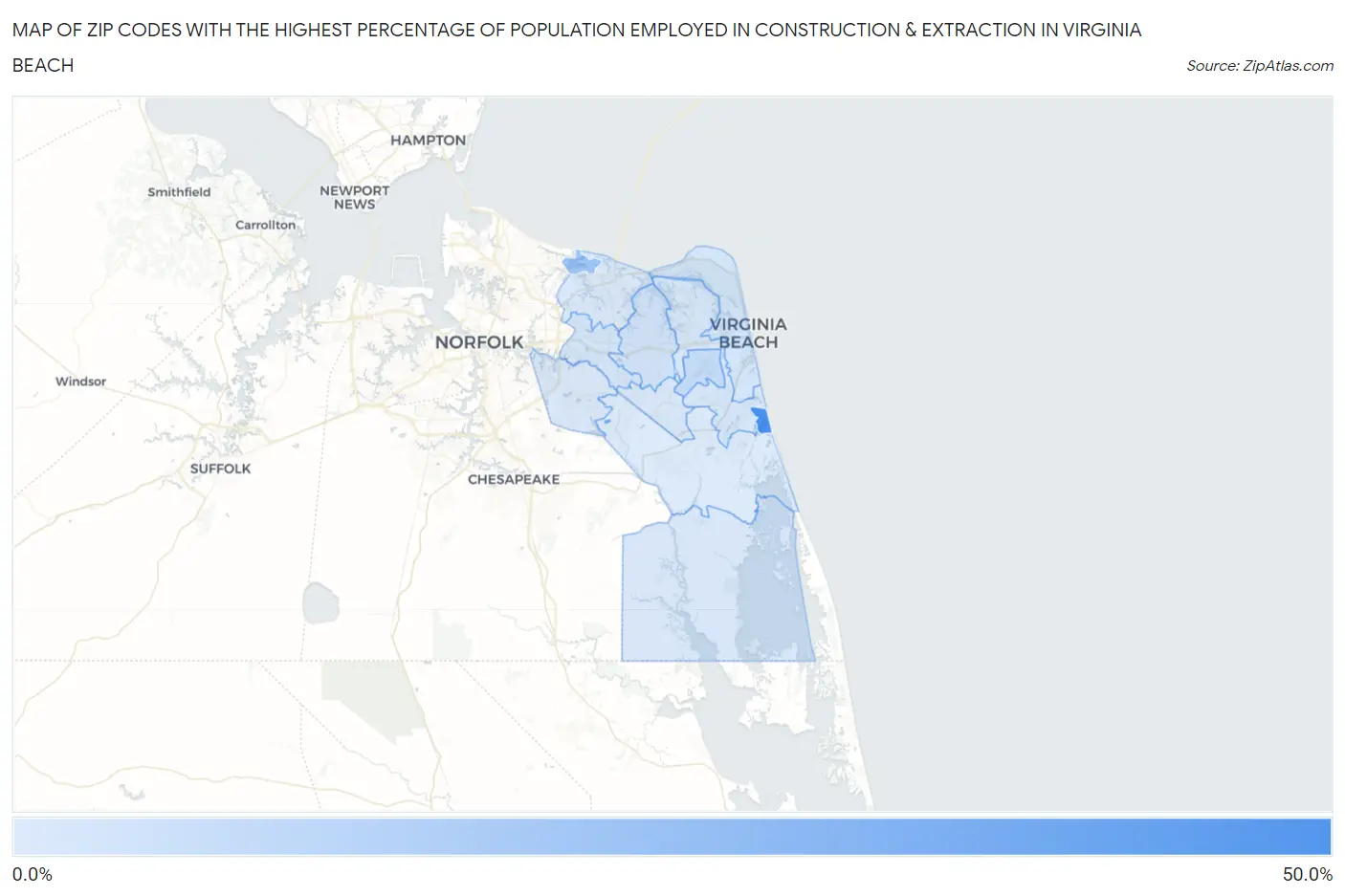 Zip Codes with the Highest Percentage of Population Employed in Construction & Extraction in Virginia Beach Map