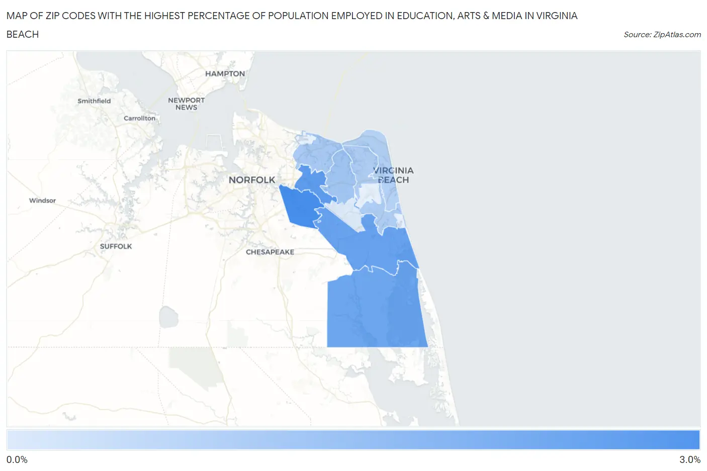 Zip Codes with the Highest Percentage of Population Employed in Education, Arts & Media in Virginia Beach Map