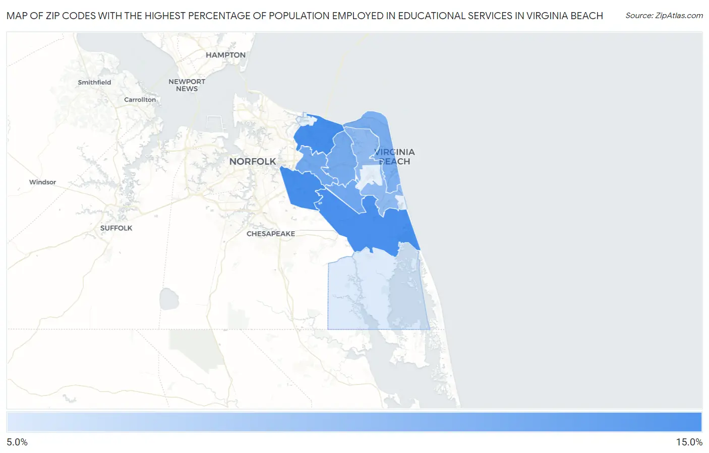 Zip Codes with the Highest Percentage of Population Employed in Educational Services in Virginia Beach Map
