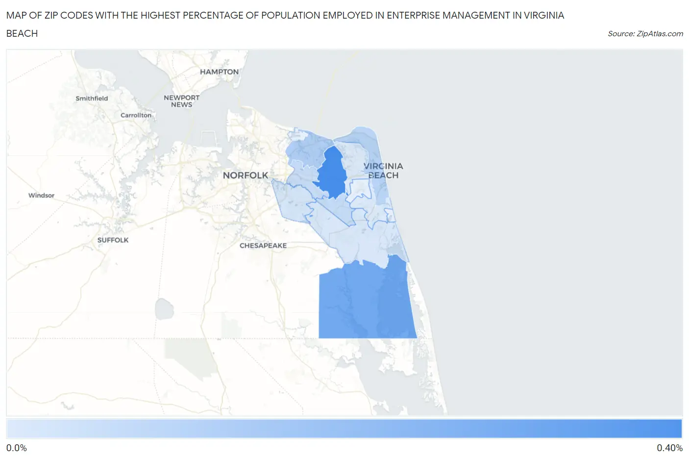Zip Codes with the Highest Percentage of Population Employed in Enterprise Management in Virginia Beach Map