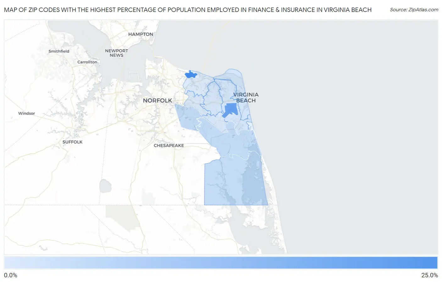 Zip Codes with the Highest Percentage of Population Employed in Finance & Insurance in Virginia Beach Map