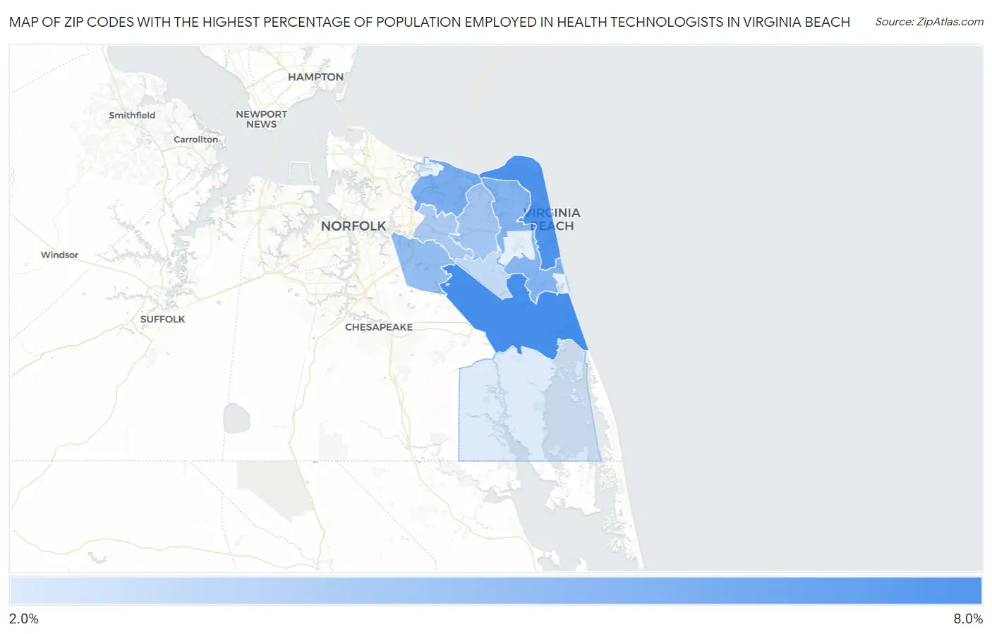 Zip Codes with the Highest Percentage of Population Employed in Health Technologists in Virginia Beach Map