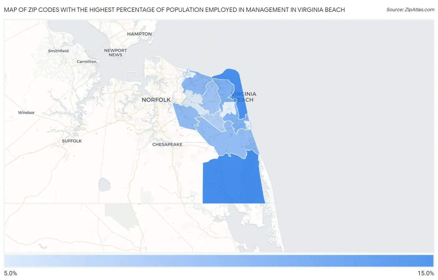 Zip Codes with the Highest Percentage of Population Employed in Management in Virginia Beach Map
