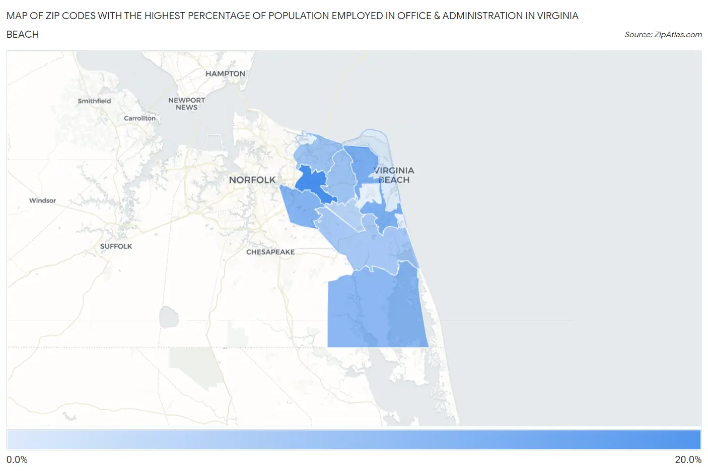Zip Codes with the Highest Percentage of Population Employed in Office & Administration in Virginia Beach Map