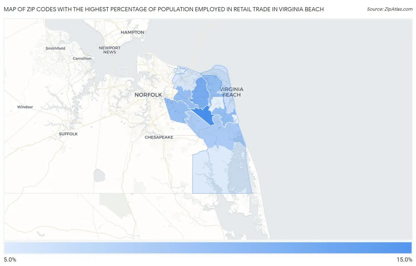 Zip Codes with the Highest Percentage of Population Employed in Retail Trade in Virginia Beach Map