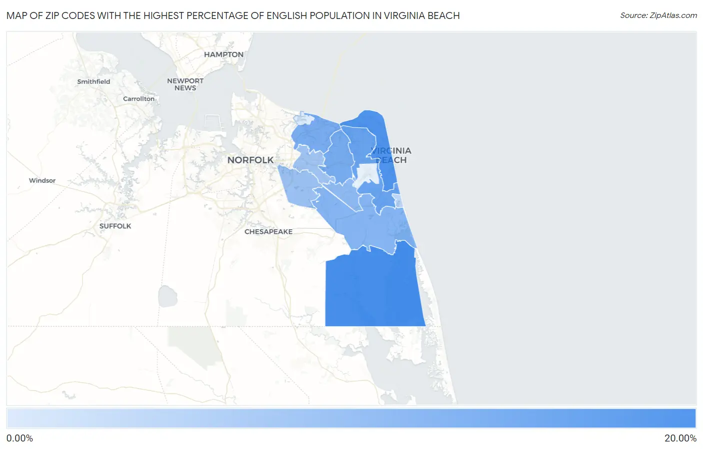 Zip Codes with the Highest Percentage of English Population in Virginia Beach Map