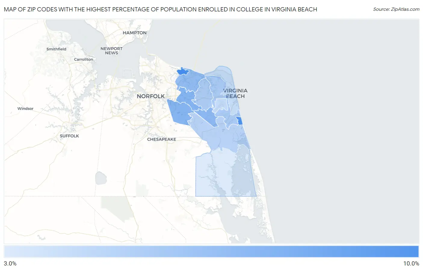 Zip Codes with the Highest Percentage of Population Enrolled in College in Virginia Beach Map