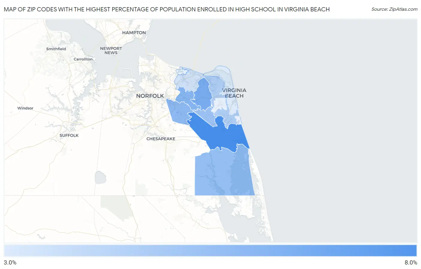 Zip Codes with the Highest Percentage of Population Enrolled in High School in Virginia Beach Map