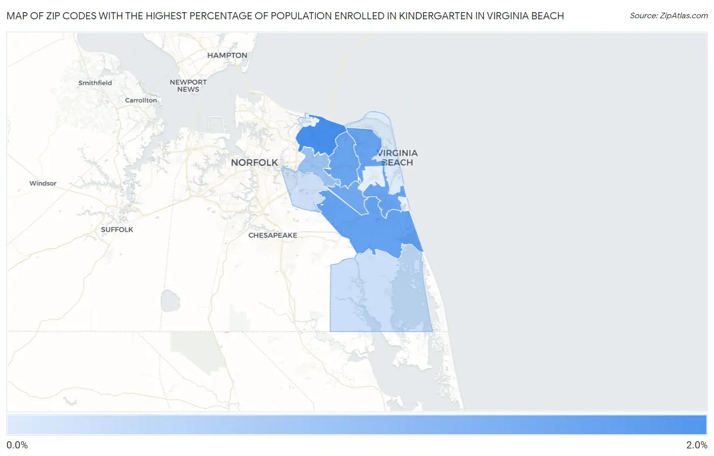 Zip Codes with the Highest Percentage of Population Enrolled in Kindergarten in Virginia Beach Map