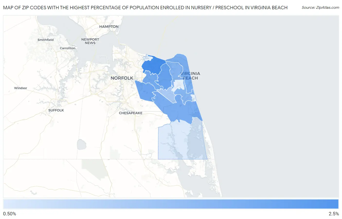 Zip Codes with the Highest Percentage of Population Enrolled in Nursery / Preschool in Virginia Beach Map