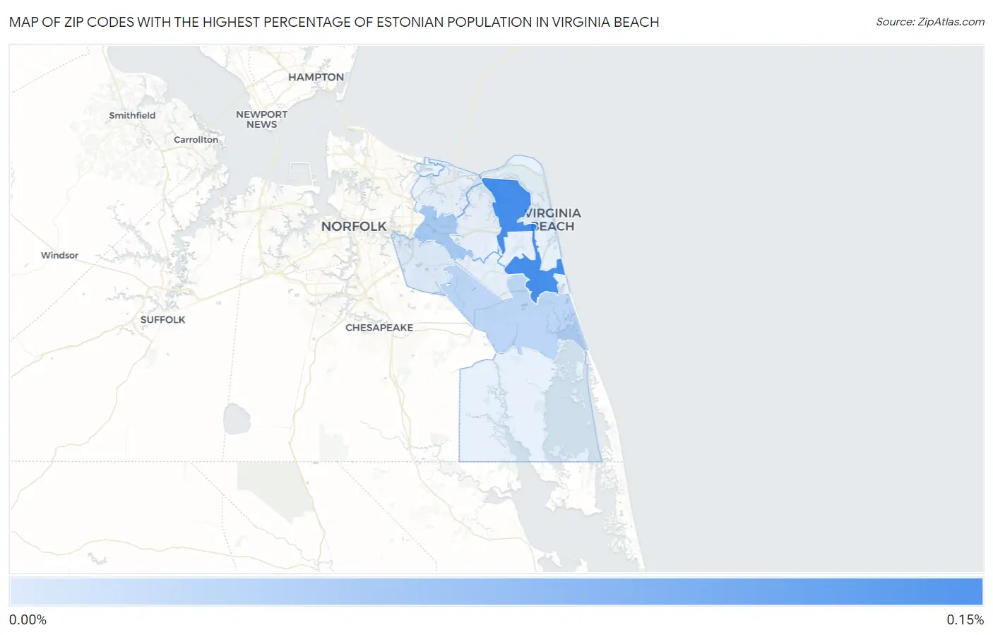 Zip Codes with the Highest Percentage of Estonian Population in Virginia Beach Map