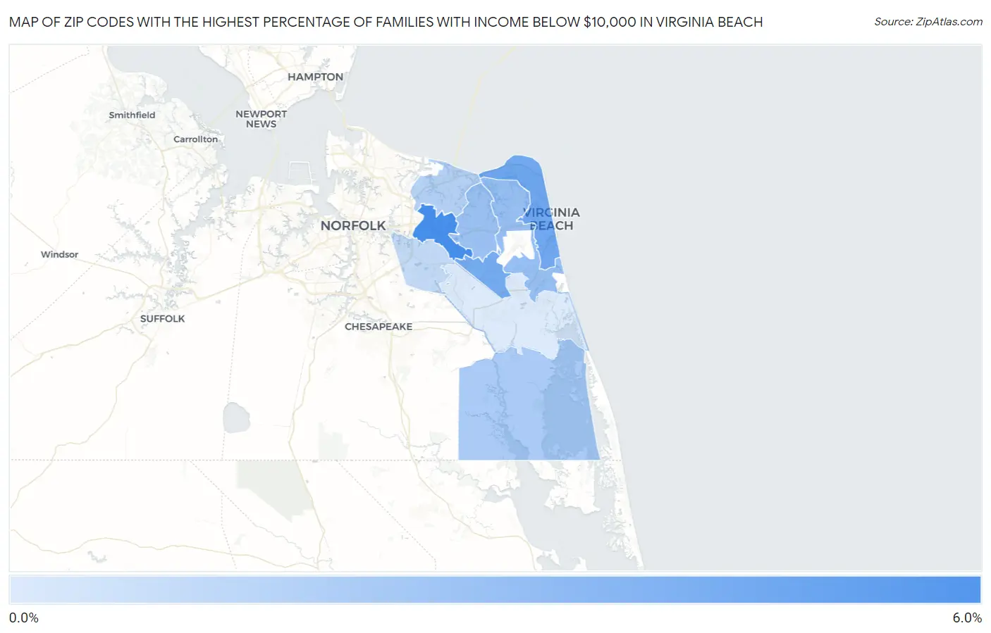 Zip Codes with the Highest Percentage of Families with Income Below $10,000 in Virginia Beach Map