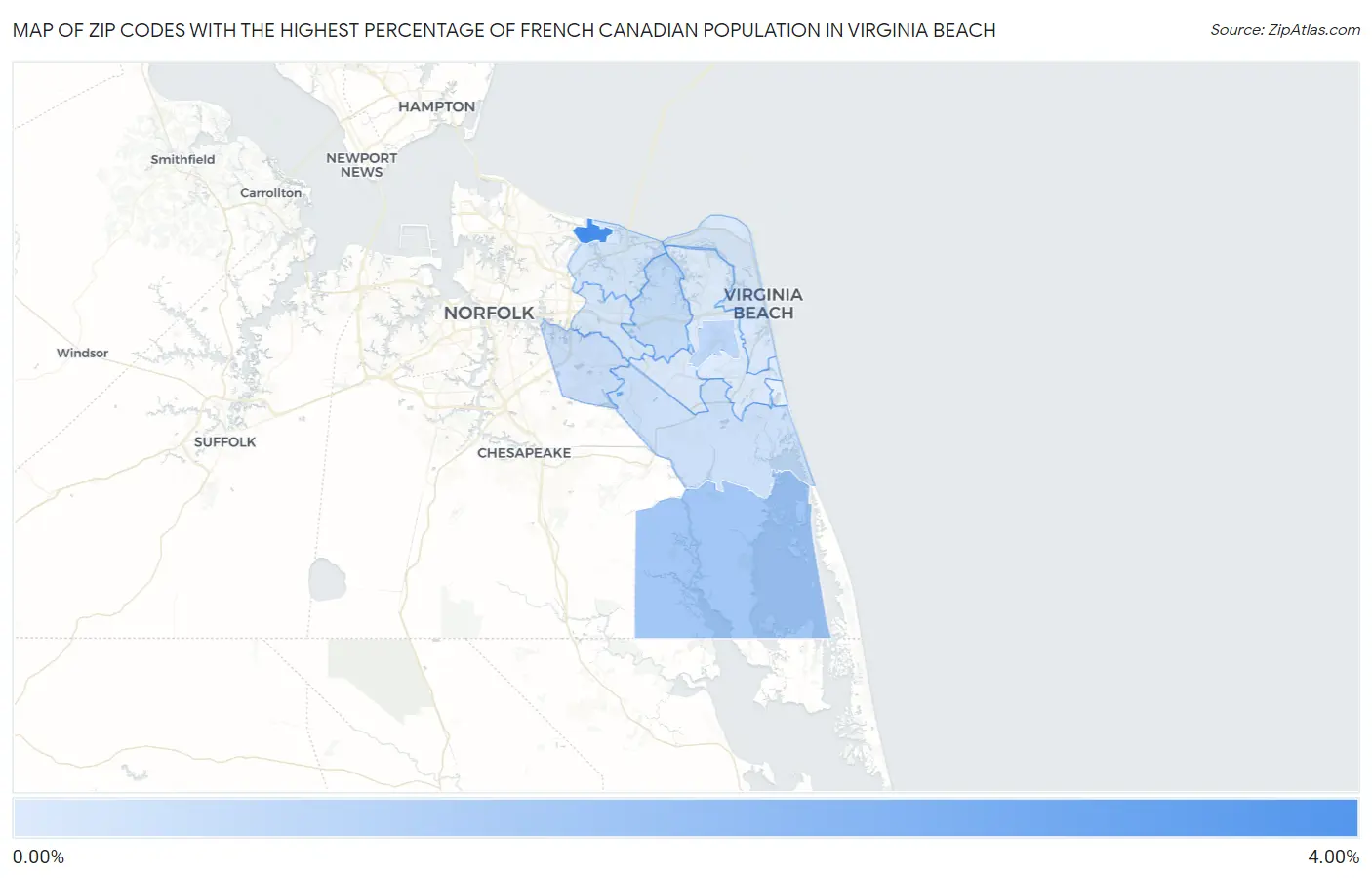 Zip Codes with the Highest Percentage of French Canadian Population in Virginia Beach Map